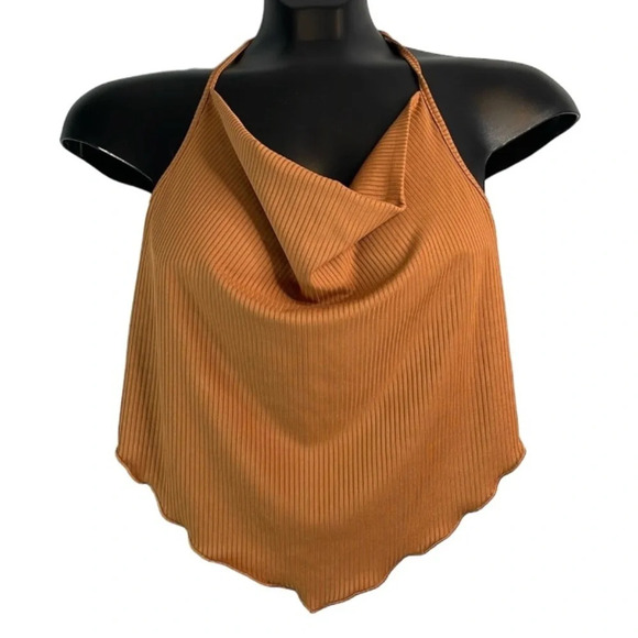 SHEIN Ribbed Cowl Neck Handkerchief Tie Crop Top Brown Open Back V Hem L - Picture 2 of 7